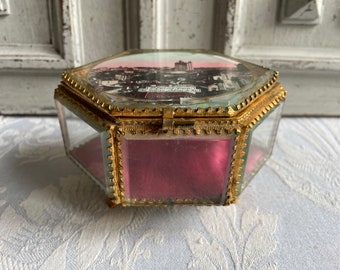 Antique French gold ormolu jewelry box, Saint Emilion Wine Southwest France glass topped filigree chest 1880's boudoir trinket Downton Abbey