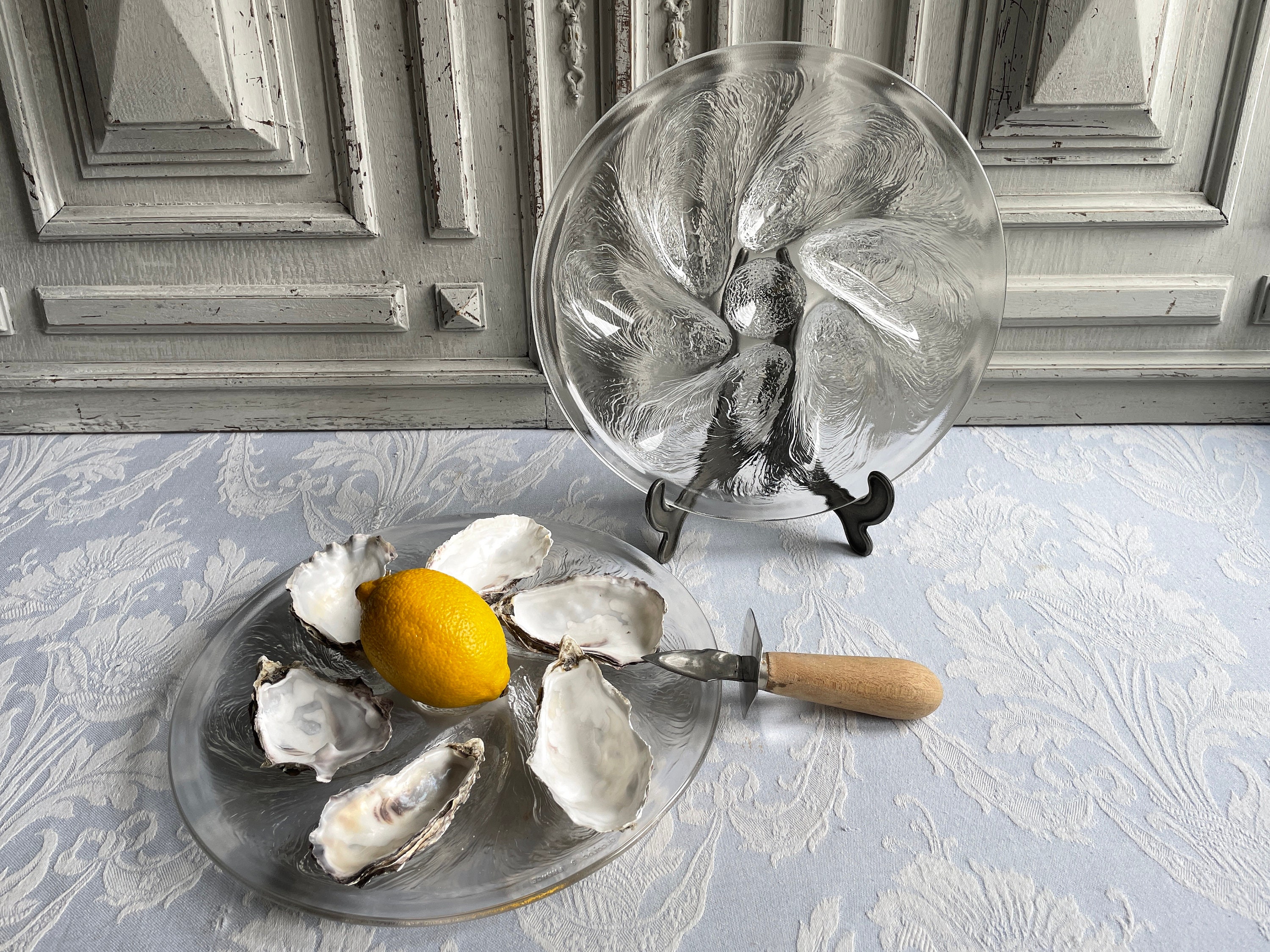Français Assiette d'huîtres Vintage, Plat de Plateau Arcoroc en Verre Simple, Fruits Mer Texturé Au 