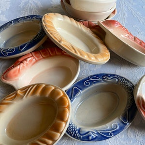 French Vintage fish tureens, pair oven dish bowls, crayfish gratin earthenware cooking pots glazed Single portion sized casserole rustic