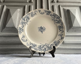 Antique French Ironstone serving platter, Longchamp plate blue floral transferware 12.5" round dish "Héléna", 1900's white "Terre de fer"