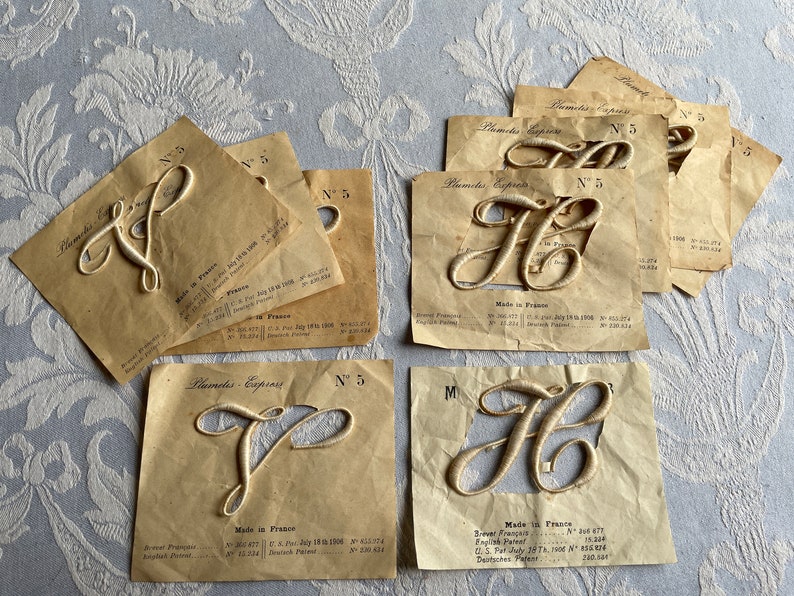 VARIOUS H OR V vintage French unused haberdashery initial wedding sheet Plumetis Express trousseau cream cotton Antique monogram letter
