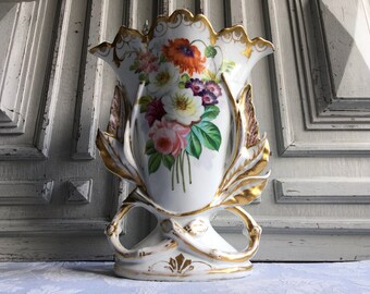 Antico vaso d'altare della chiesa francese, fiori nuziali, esposizione della chiesa in porcellana bianca e oro di Parigi, Globe de Marriage, esposizione boudoir chic