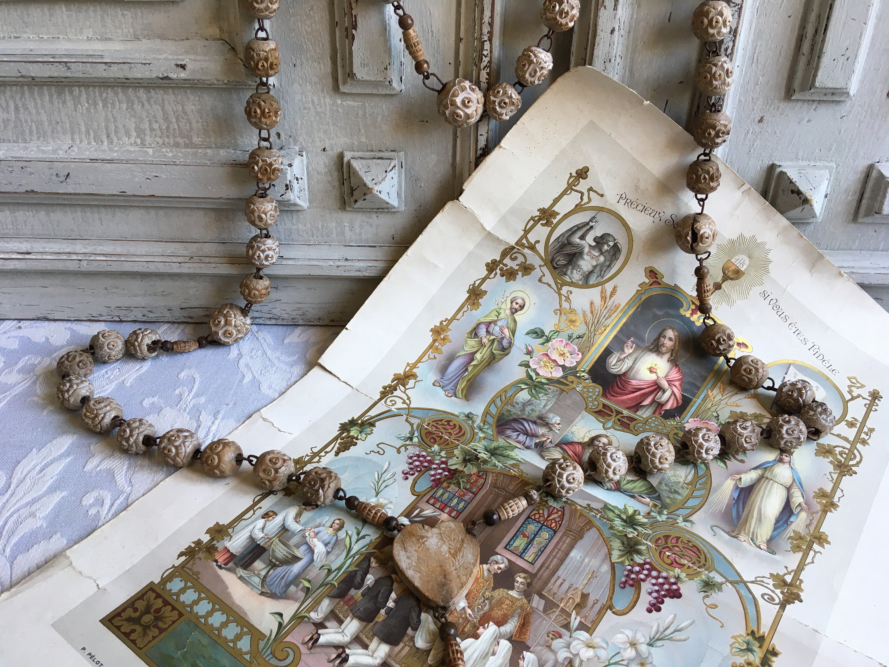 Antique Français Lourdes Souvenir Chapelet Choisir Cœur de Moniale Collier en Bois Énormes Perles et