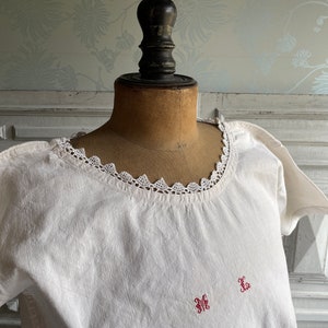 Antique French linen nightdress, monogrammed M.L night gown linen and handmade lace, Unused natural unbleached linen, romantic rustic fabric
