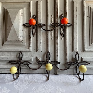 French vintage coat hooks 3 and 2 Mid Century modern wrought iron black metal yellow and orange balls, black iron coat hooks MCM decor