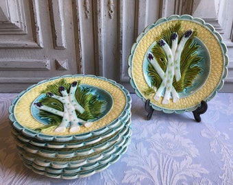 Antique asparagus plate, Barbotine Majolica Sarraguemines, SINGLE vintage French 1900's green/blue Limoges, authentic country kitchen chic.