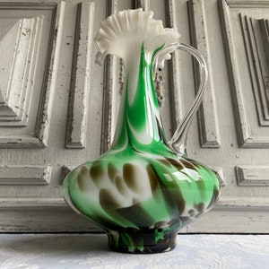 Vintage glass jug, marbled Opaline vase, Empoli, Murano or Florentine, green white and black glass vase, 1950&#39;s, marbled glass, collectable