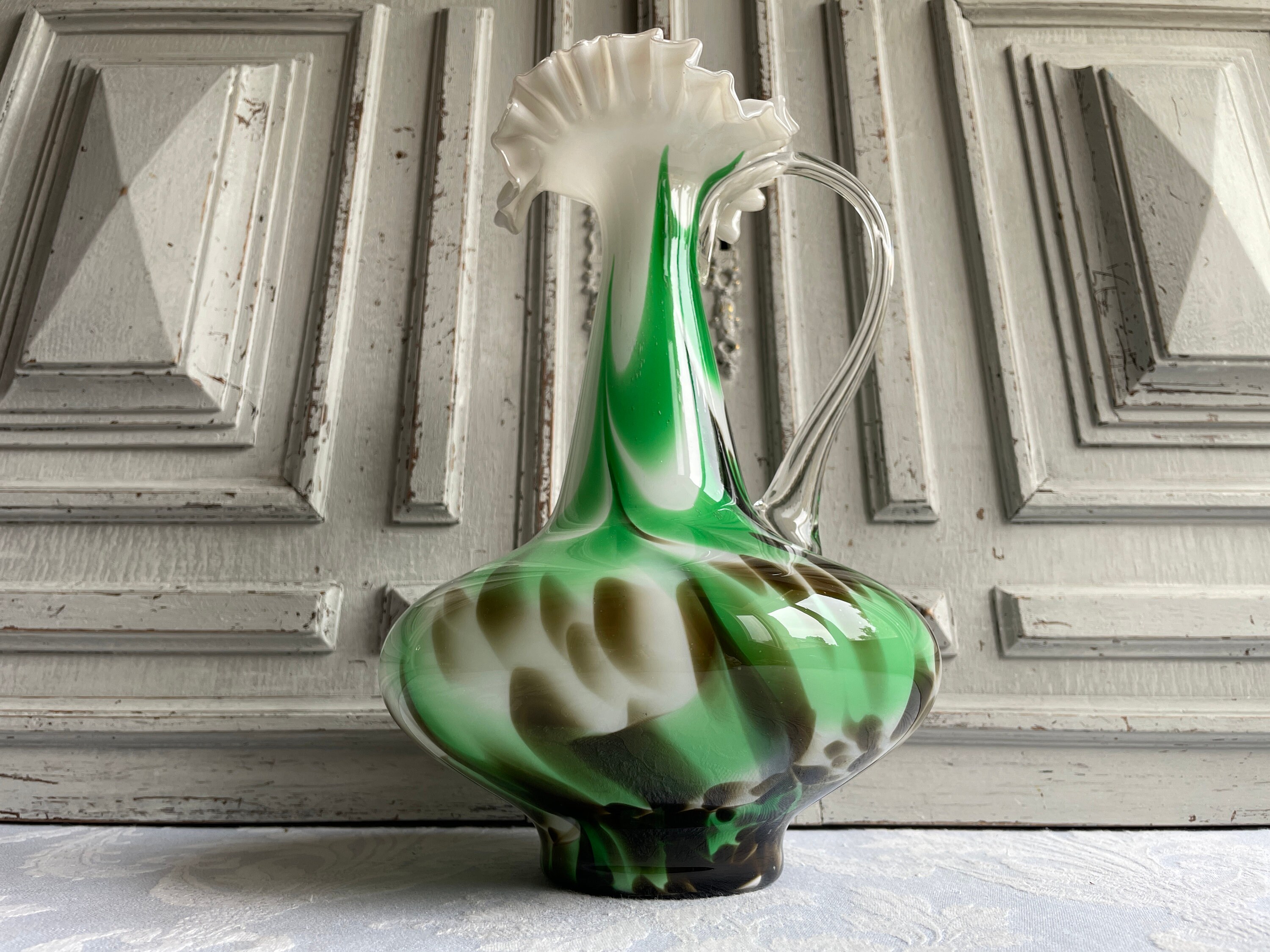 Vintage glass jug, marbled Opaline vase, Empoli, Murano or Florentine, green white and black glass vase, 1950's, marbled glass, collectable