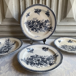 Antique French Ironstone serving platter, 12&quot; ROUND transferware dark Indigo blue plate, SINGLE transferware dinner plate authentic 1880&#39;s