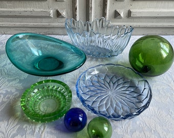 French vintage green or blue glass bowl, CHOOSE single glass dish, turquoise blue glass fruit bowl, display dish compotier vintage 1960&#39;s