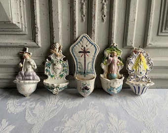 Antique French Holy water font Benitier polychrome porcelain Lourdes souvenir multicoloured crucifix CHOOSE SINGLE Jesus Christ memorabilia