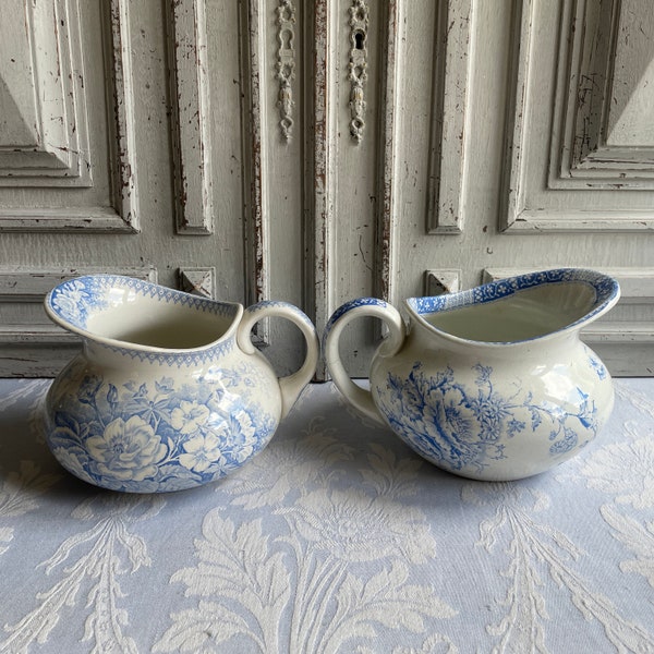 Antique French Ironstone jug, SINGLE blue Wash bowl jug, CHOOSE water pitcher transferware, "Jardinière" Sarreguemines, Floral 1880 faience