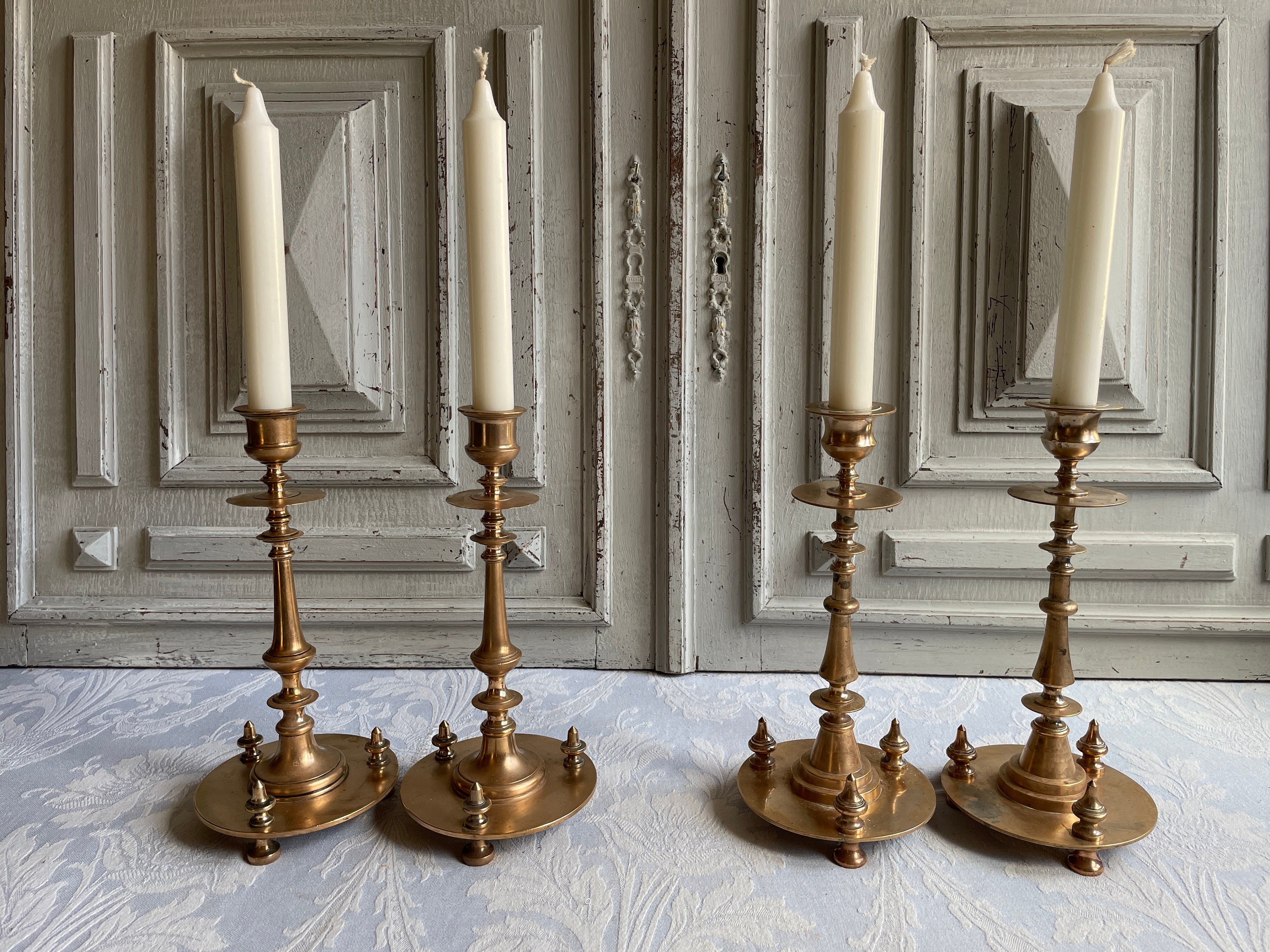 2 Chandeliers en Cuivre Bronze Antique, Bougeoirs Uniques Français Verdigris Superbe Paire Vintage O