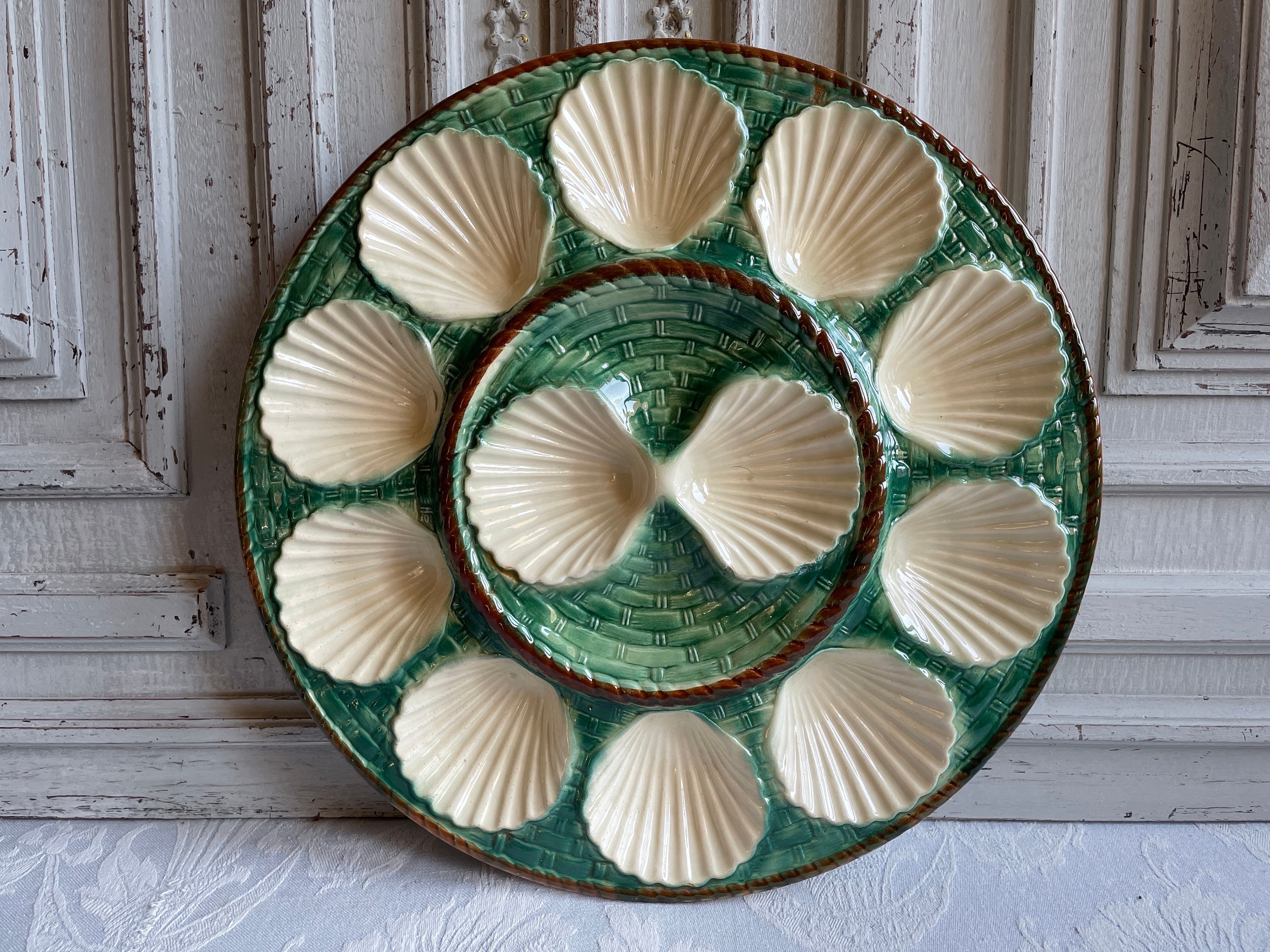 Longchamp Plateau d'huîtres Français Vintage Vert et Crème Coquille de Fruits Mer Servant Plat 1970 