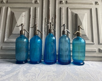 French Vintage seltzer, blue soda syphon, CHOOSE SINGLE stunning turquoise glass water bottle, beautiful antique collectable, Paris Bordeaux