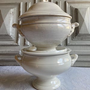 2 Antique French Ironstone soup tureens PAIR lidded soupière soup bowls classic cream design  authentic 1800 serving fruit bowls (C)