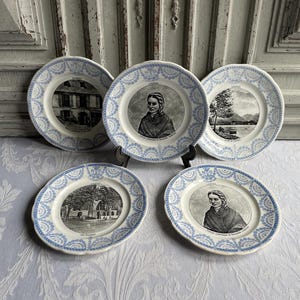 5 Antique French Lourdes blue Ironstone plates transferware Paris, Sarraguemines Digoin, Religious Decor talking plates 1900&#39;s Terre de fer