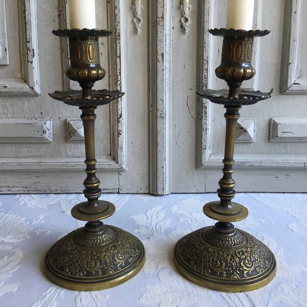 2 Antique bronze brass candlesticks, single candle holders stunning pair of vintage French ornate celebration table 1920's divine decoration