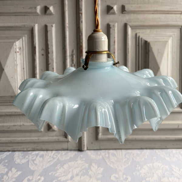 Antique French pale blue glass ceiling shade, SINGLE pale turquoise milk lamp, ceiling light, original 1920's vintage original authentic (B)