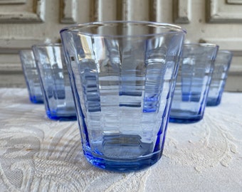 6 Vintage French glasses, blue Duralex water beakers, aperitif, wine liqueur cobalt faceted glasses, Coupe Martini digestif, table setting