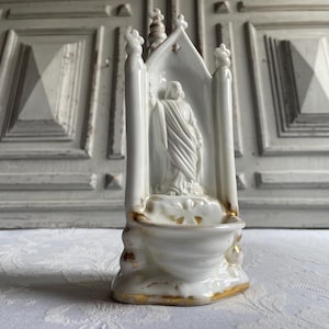 Antique French Religious statue, Jesus Holy water font 1880&#39;s white porcelain Travel chapel gold religious benitier Lourdes souvenir