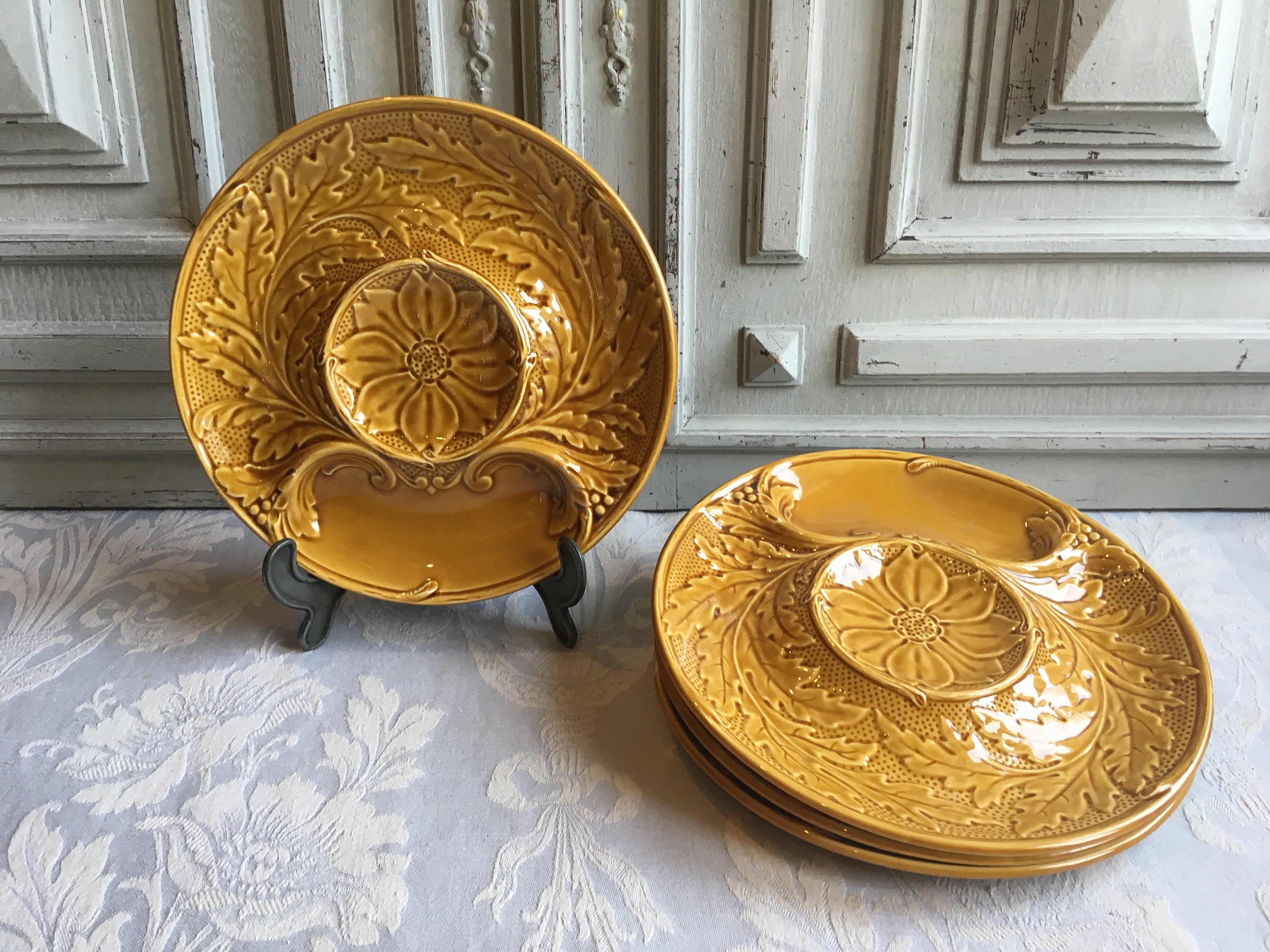 Plat d'artichaut Vintage, Single Français Gien Mustard Majolica Nordic Living Jdl Texturé Barbotine 