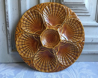 Oyster plate, SINGLE vintage Retro Seafood porcelain oyster plate, Portuguese vintage 1960's shells, authentic rustic country kitchen chic.