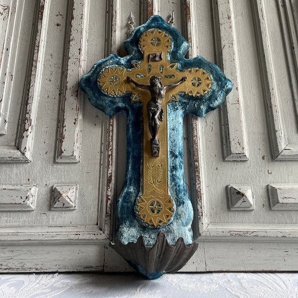 Antique French Benitier Holy water Font Blue velvet Jesus crucifix Lourdes souvenir Bronze figure Catholic memorabilia bronze and pewter