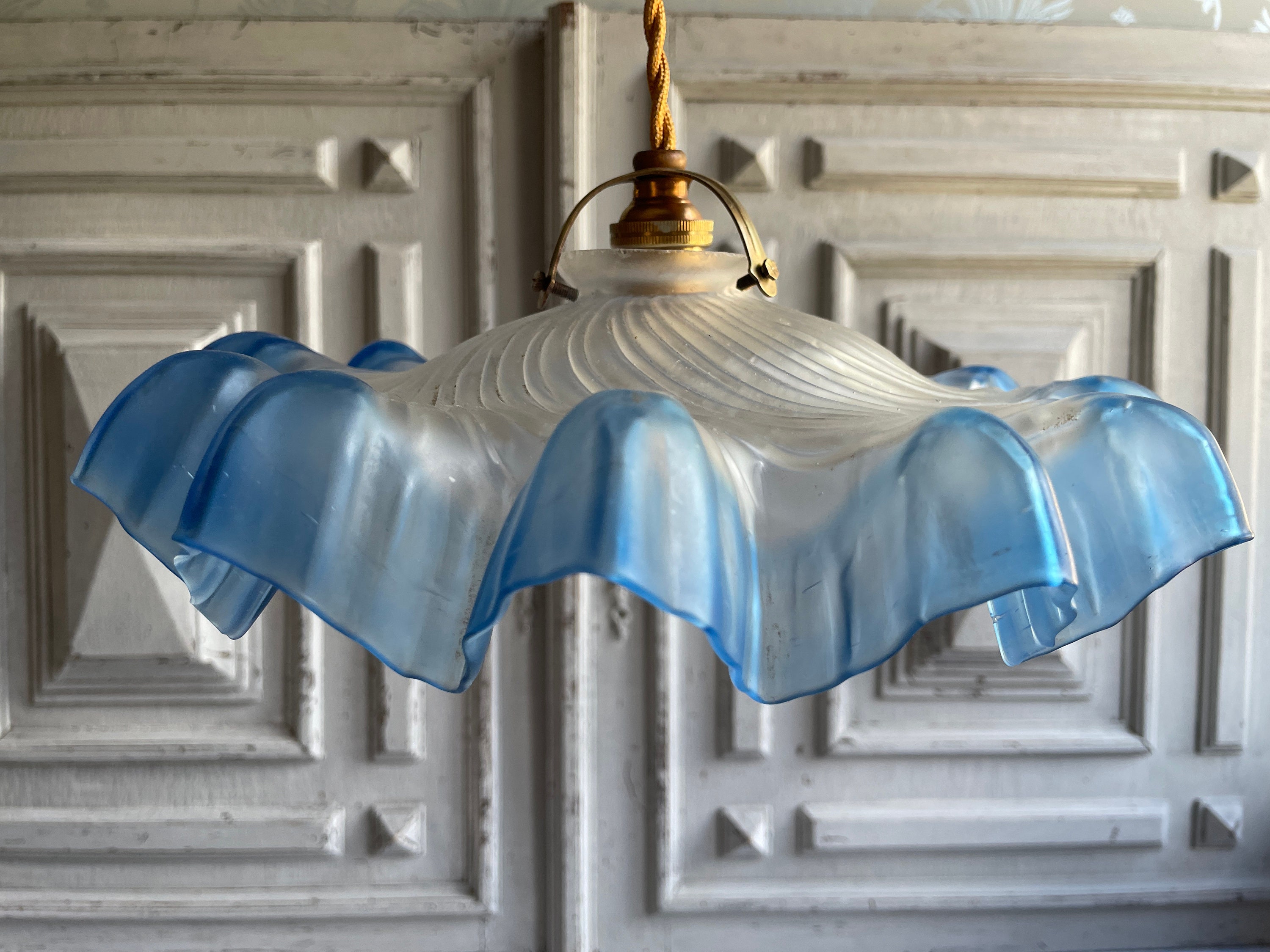 Antique French blue glass ceiling shade frosted glass lamp Etsy