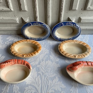 French Vintage fish tureens, pair oven dish bowls, crayfish gratin earthenware cooking pots glazed Single portion sized casserole rustic