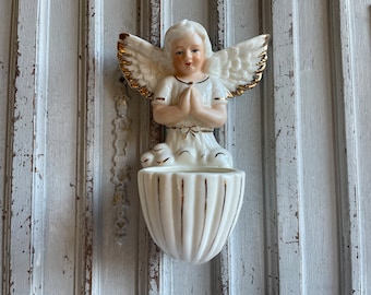 Antique French Angel Benitier statue, Large white wall mounted Winged angel Church Bisque porcelain, 1900's white unglazed Catholic souvenir