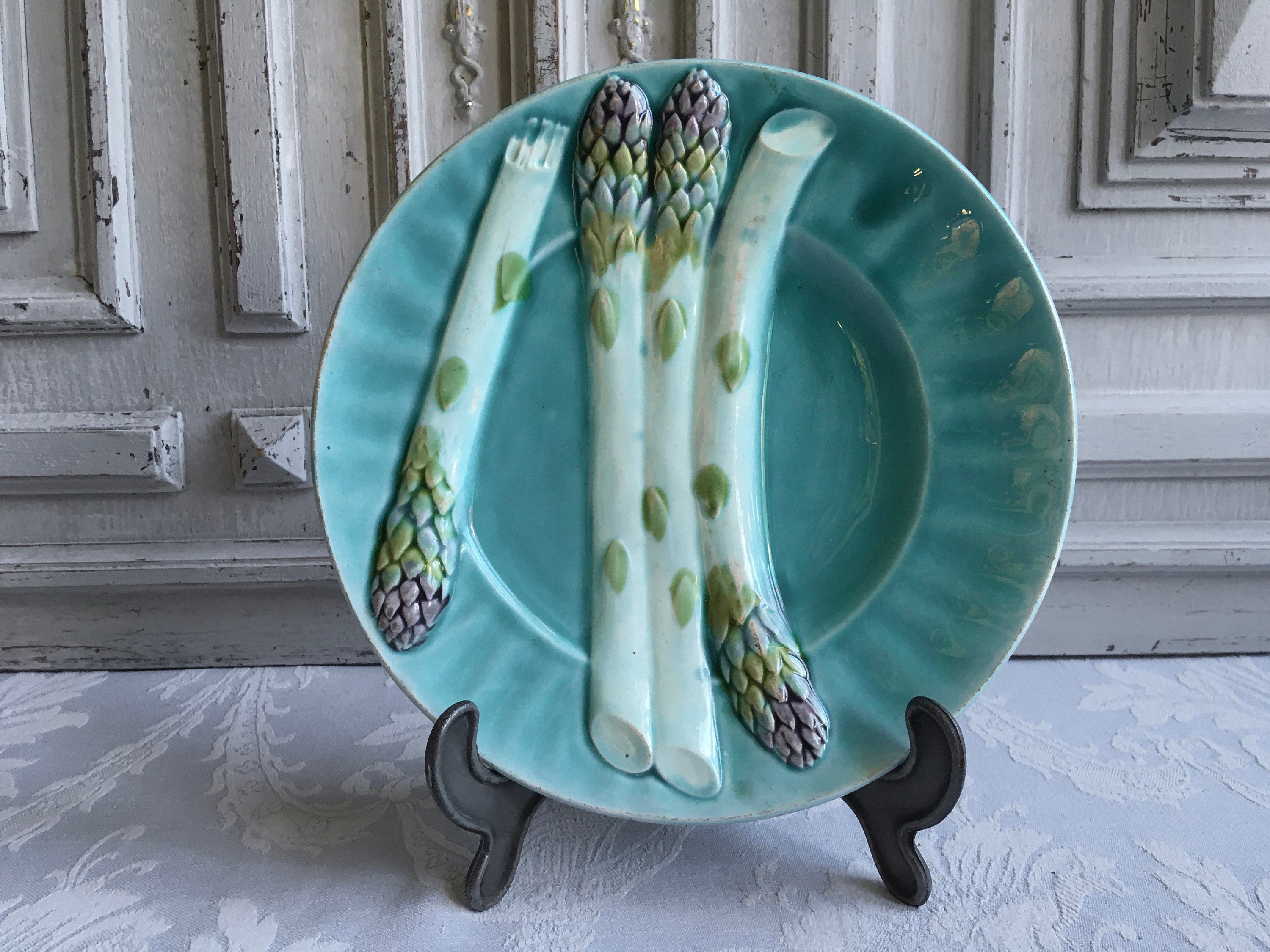 Assiette d'artichaut Aux Asperges Antique Barbotine, Turquoise Lunéville Vintage Français Années 190