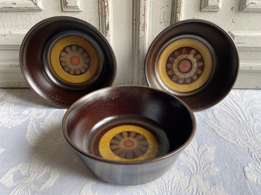 3x Vintage Denby Arabesque Desert Bowls, Breakfast Bowls, Brown Ceramic