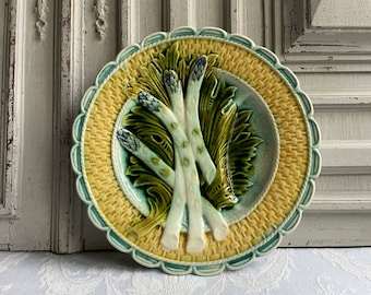 Antique asparagus plate, Barbotine Majolica Sarraguemines, SINGLE vintage French 1900's green/blue Limoges, authentic country kitchen chic.