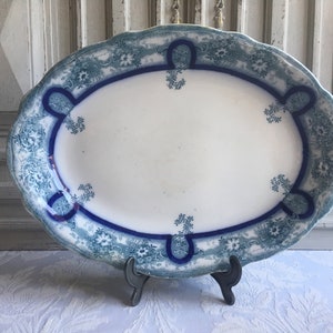Antique Ironstone serving platter plate, LARGE ceramic English transferware turquoise, indigo 16", blue and white 1900's "Terre de fer"