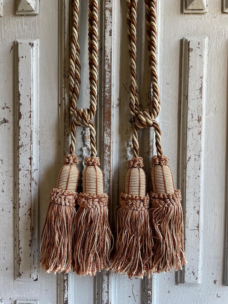French Vintage Curtain Tiebacks, Chocolate Brown and White French Pair