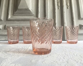 6 French vintage Pink depression glass tumblers, Blushware WATER beakers French Arcoroc, "Rosaline", salmon pink,retro swirl Luminarc 1960's