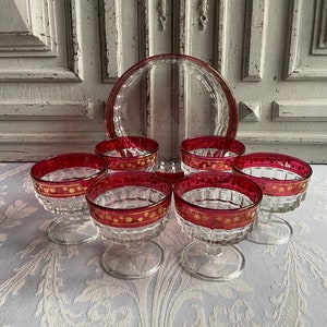 French vintage desert/salad glass bowl set red and gold glass Christmas table 6 French desert bowls 1960's set, Mid Century design, crystal