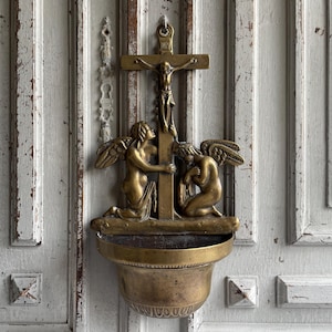 French antique Benitier, Gold brass Holy Water font, religious figure, wall hung statue genuine Lourdes benitier, memorabilia souvenir