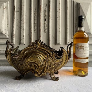 Antique French Jardiniere planter, golden brass centrepiece, Rococo Empire style brass flower bulb display  1880's Chateau chic
