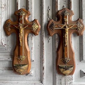 Antique French benitier crucifix, carved wooden cross, SINGLE brass beniter, Lourdes souvenir Holy water font religious decoration 1940&#39;s.