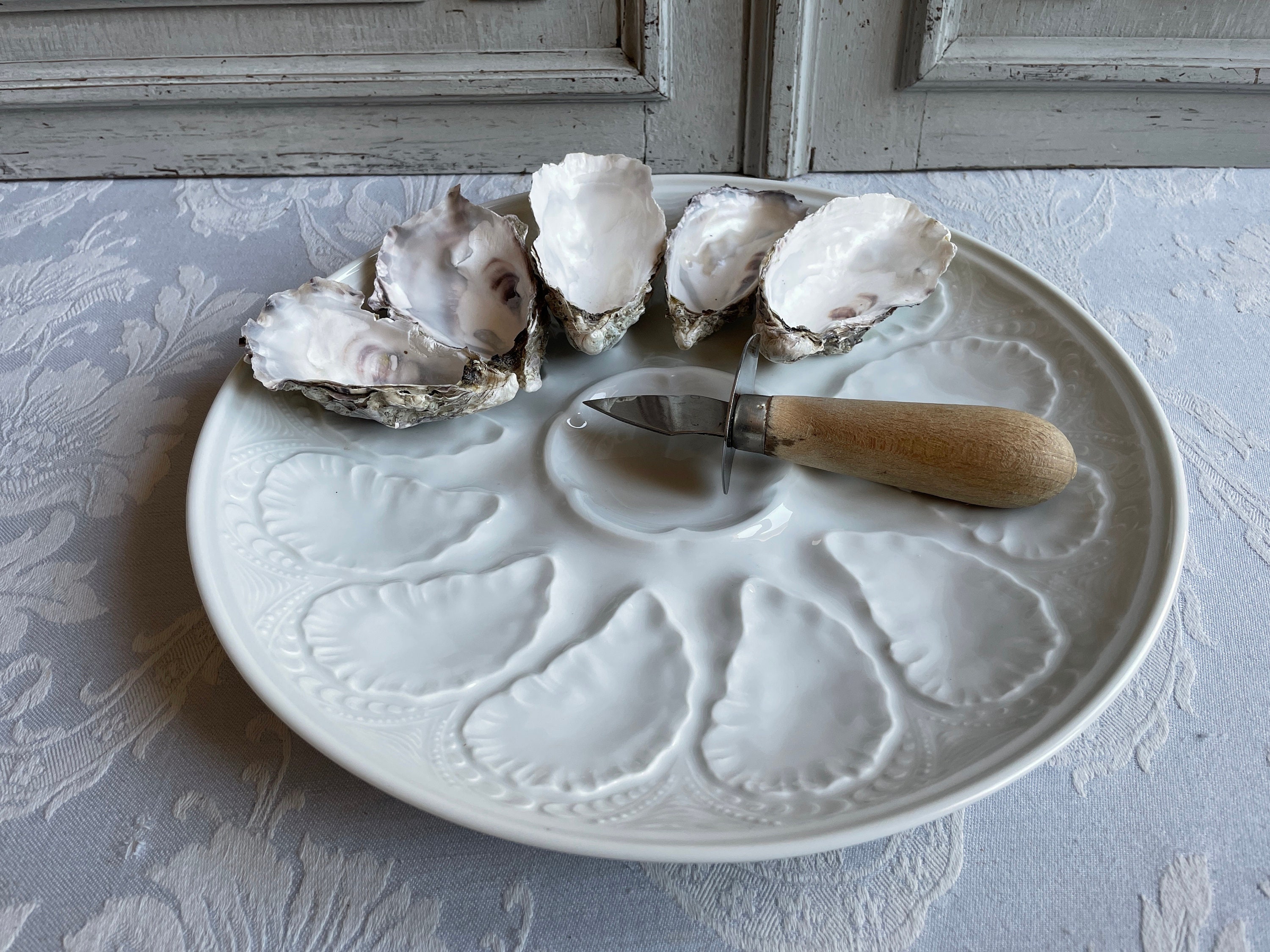 Assiette d'huîtres en Porcelaine Limoges Vintage Français, Grand Plateau de Fruits Mer Blanc Single,