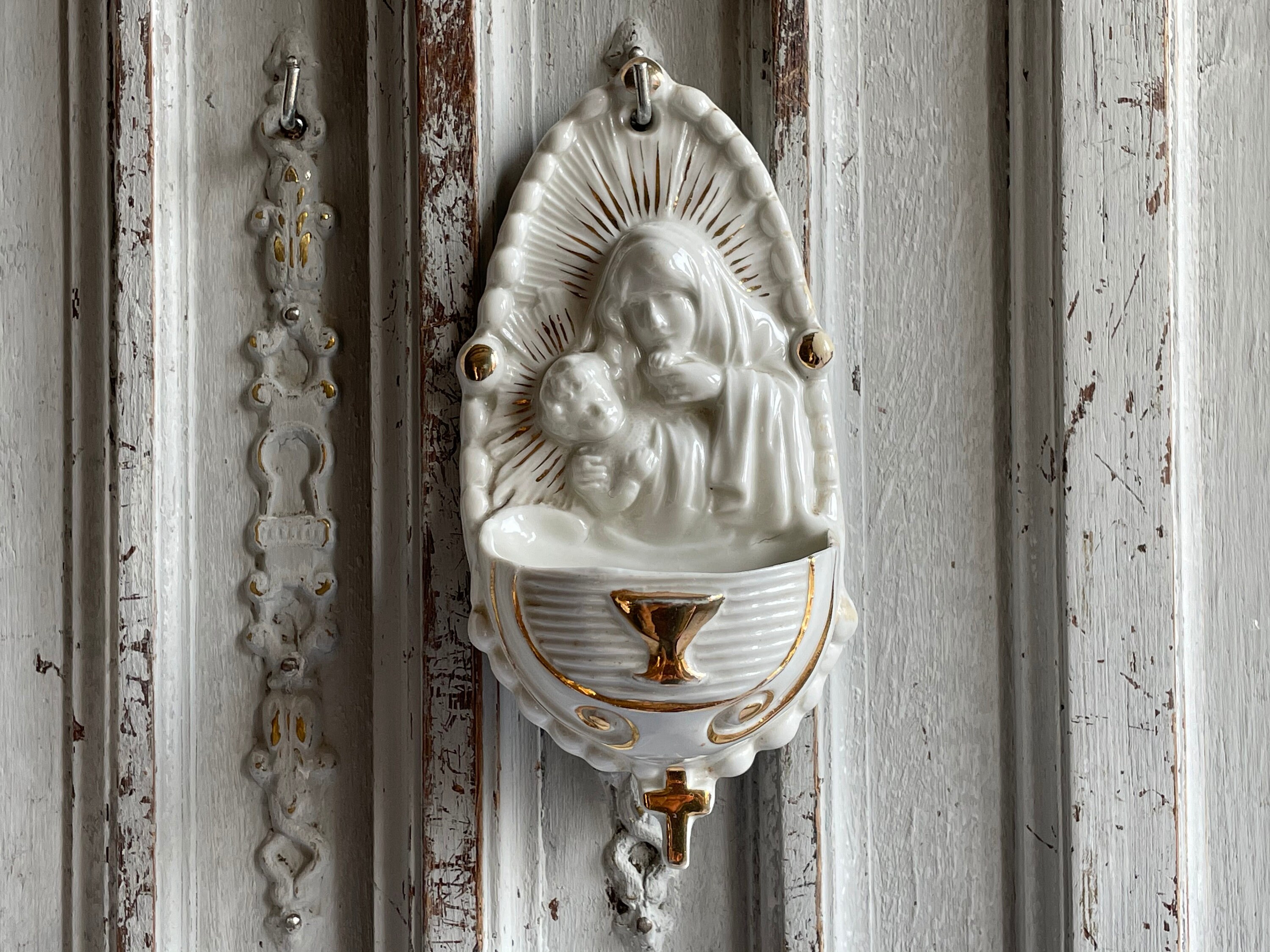 Antique Français Fontaine d'eau Bénite Porcelaine Dennitier Lourdes Souvenir Madonna 1930's Mural en