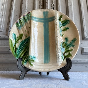 Asparagus / artichoke plate antique turquoise Barbotine, Salins, vintage French 1900's porcelain, Nordic Living, JDL authentic country chic