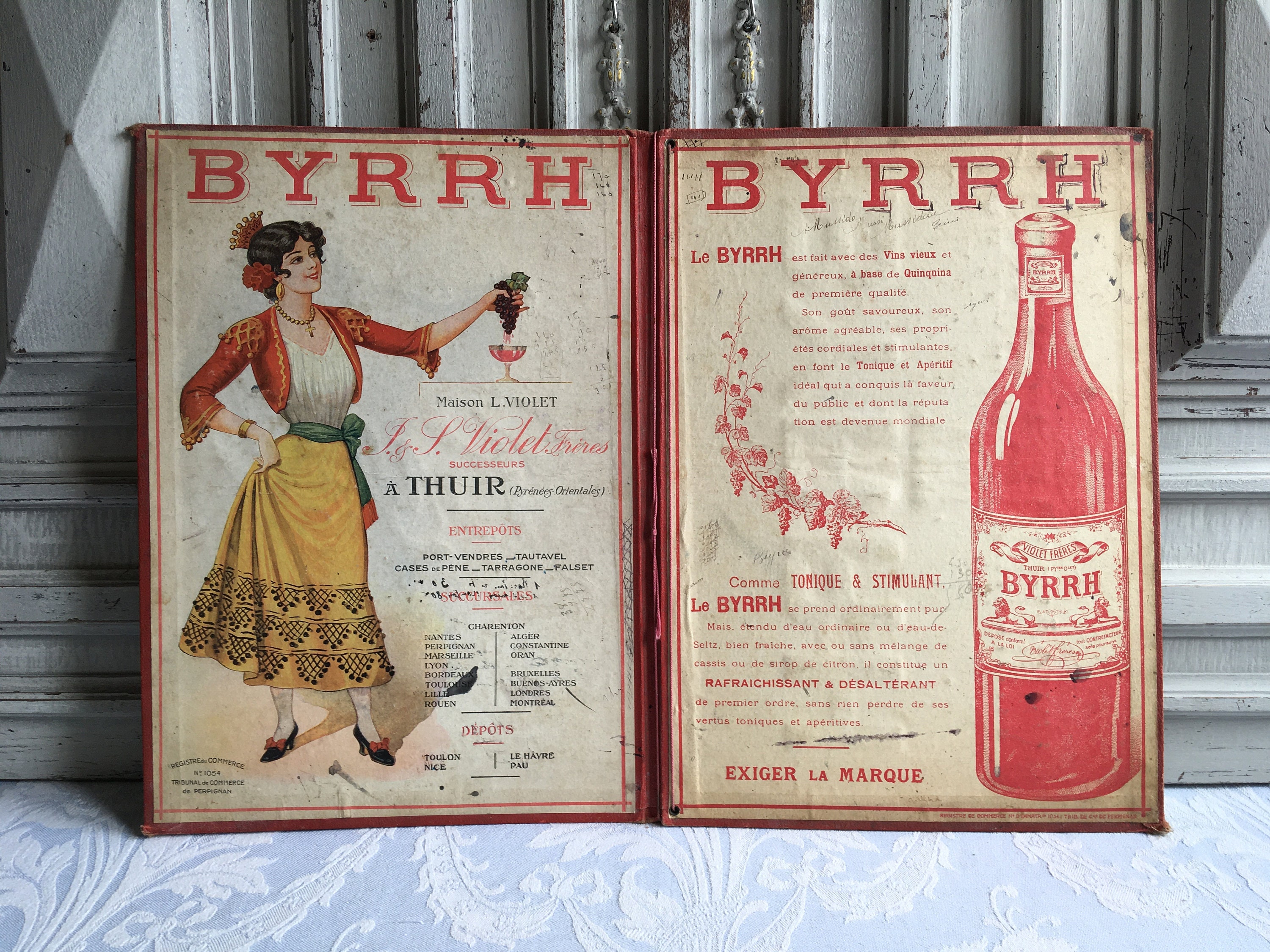 Panneau Publicitaire Français Ancien Porte-Menu, Superbe Impression Byrrh Publicité en Carton Imprim