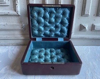 Antique French jewelry box, wooden padded blue turquoise silk boudoir trinket or sewing Capitonné 1920's pewter filigree superbe gift unique