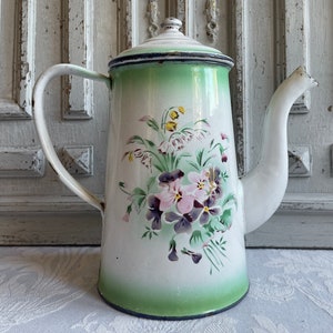 French vintage enamel coffee pot, lidded jug green and white floral cafetiere 1930&#39;s roses pansies enamelware antique country kitchen chic