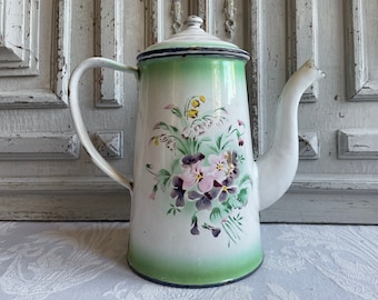 French vintage enamel coffee pot, lidded jug green and white floral cafetiere 1930's roses pansies enamelware antique country kitchen chic
