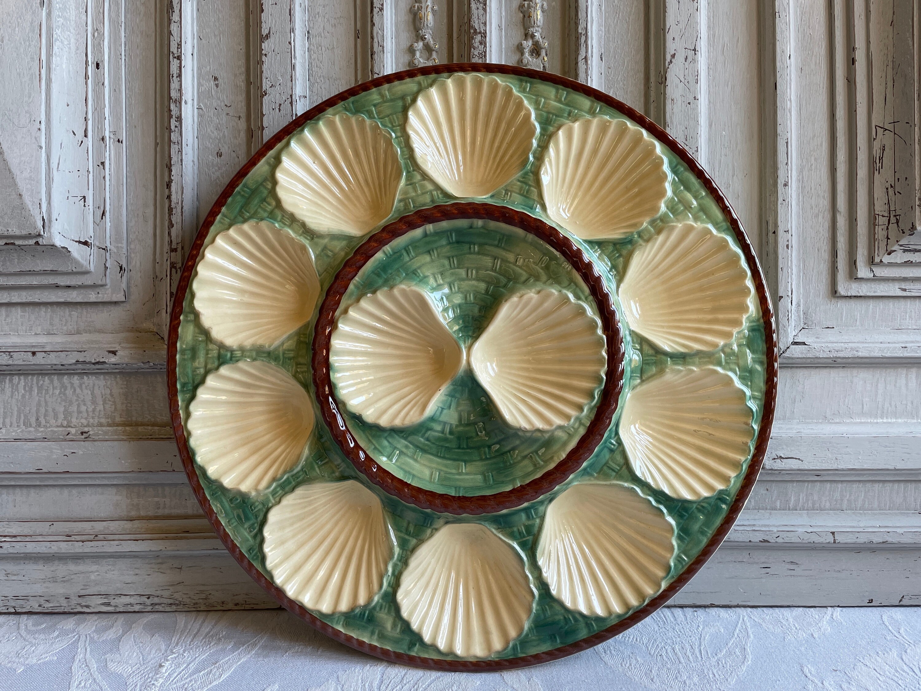 Longchamp Plateau d'huîtres Français Vintage Vert et Crème Coquille de Fruits Mer Servant Plat 1970 