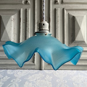 Antique French turquoise light frosted glass folded blue opaline vintage opaque envelope glass milk lamp light original 1930s (C)